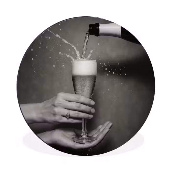 Alu-Dibond-Bild Rund - Champagnerflasche - Glas - Minimalistisch - Spritzer