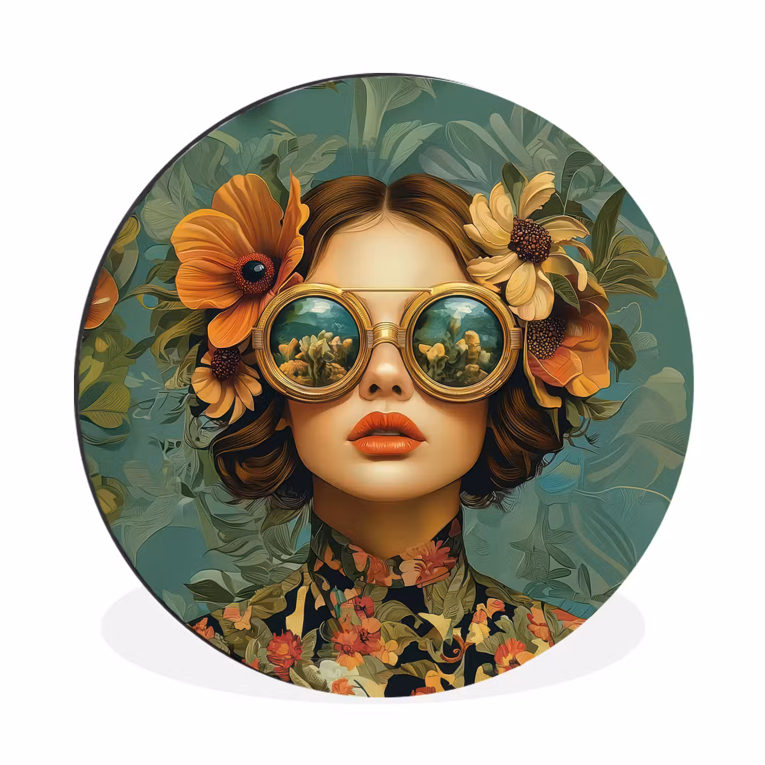 Alu-Dibond-Bild Rund - Frau - Blumen - Schmetterlinge - Natur - Vintage