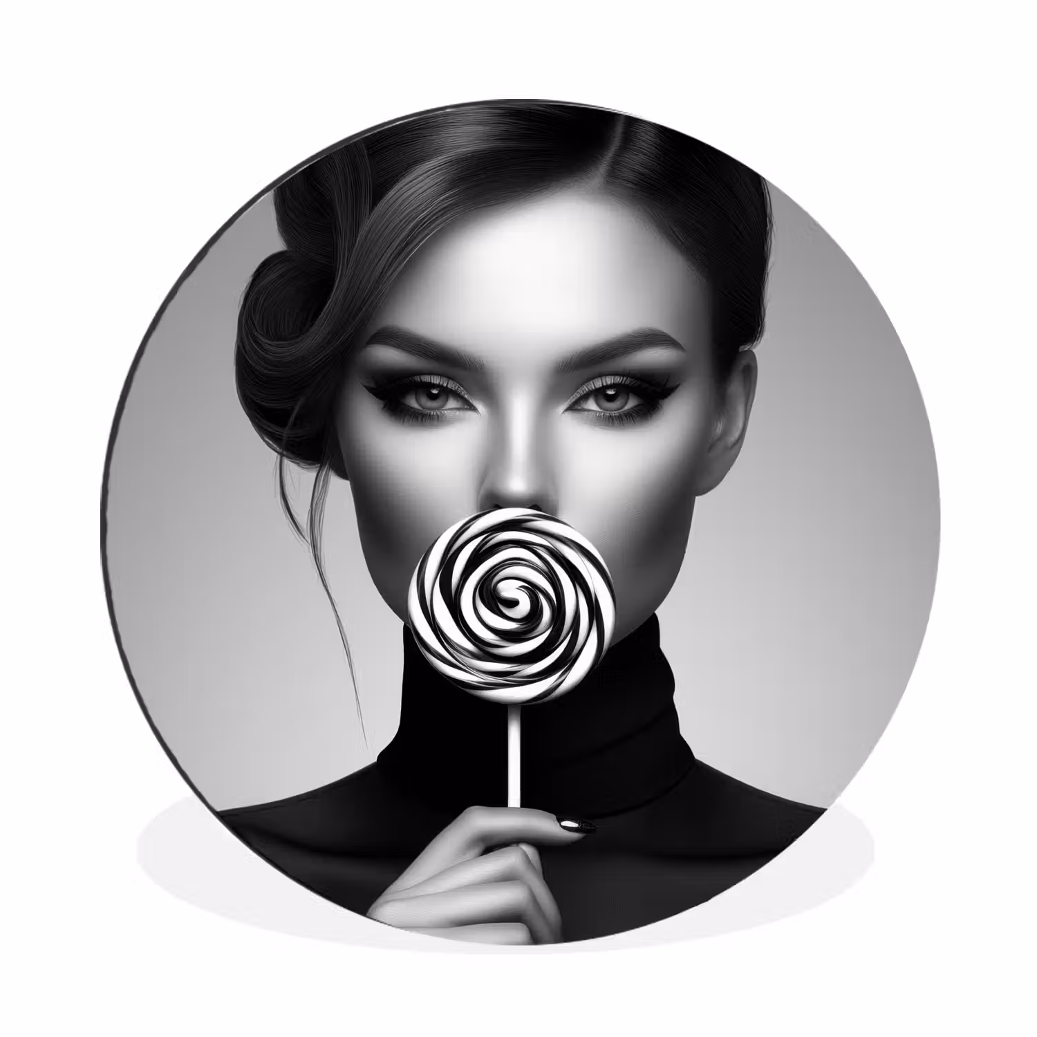 Alu-Dibond-Bild Rund - Frau - Lolly - Schwarz