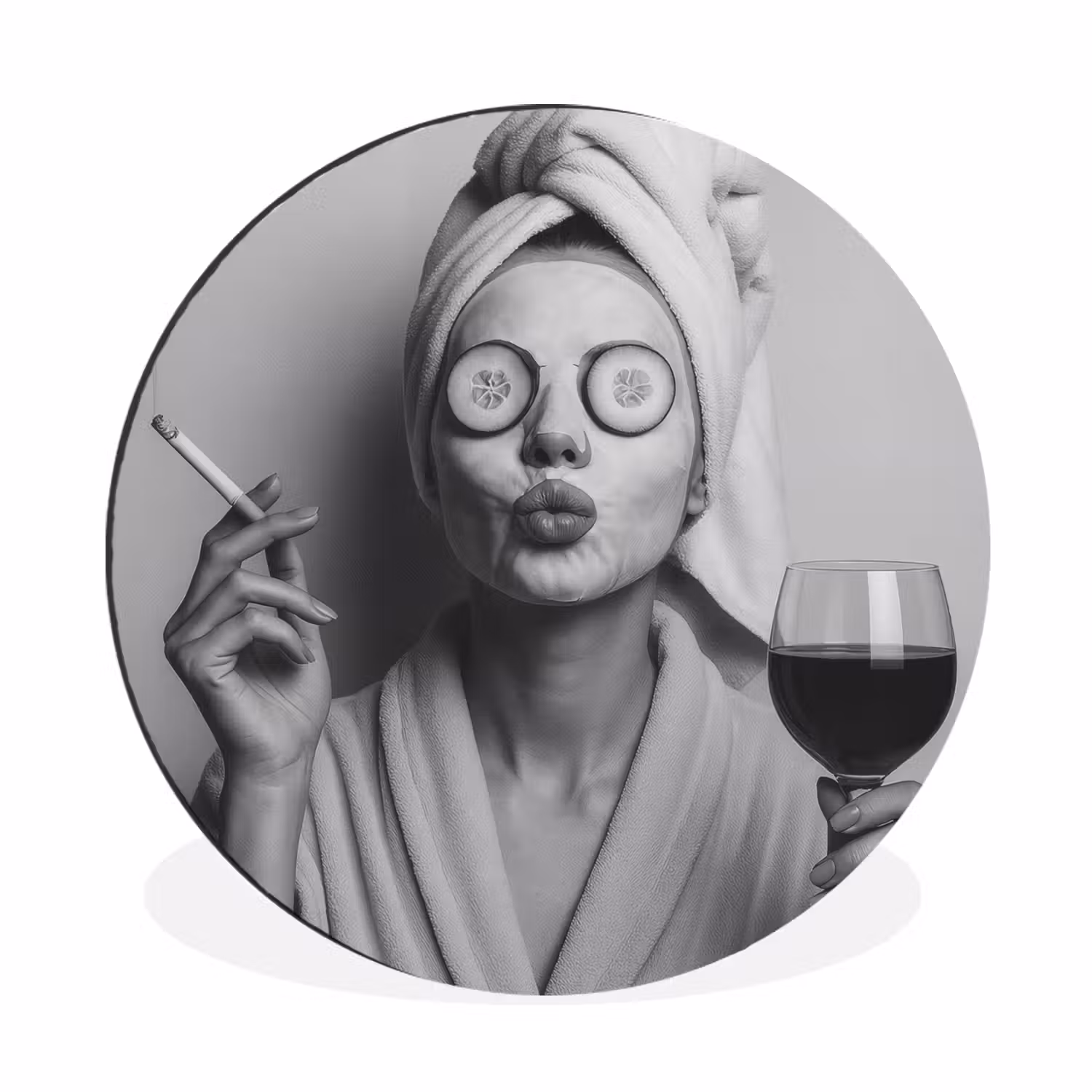 Alu-Dibond-Bild Rund - Frau - Maske - Wein - Zigarette