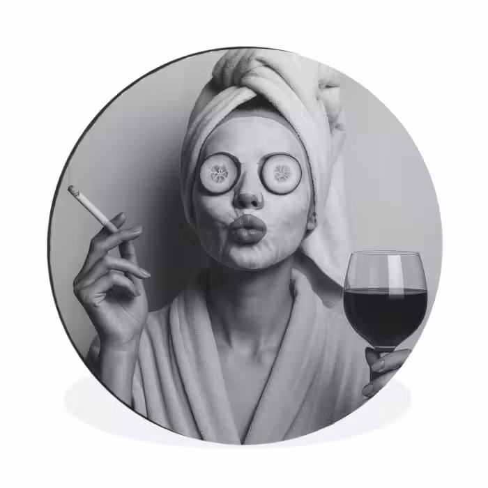Alu-Dibond-Bild Rund - Frau - Maske - Wein - Zigarette
