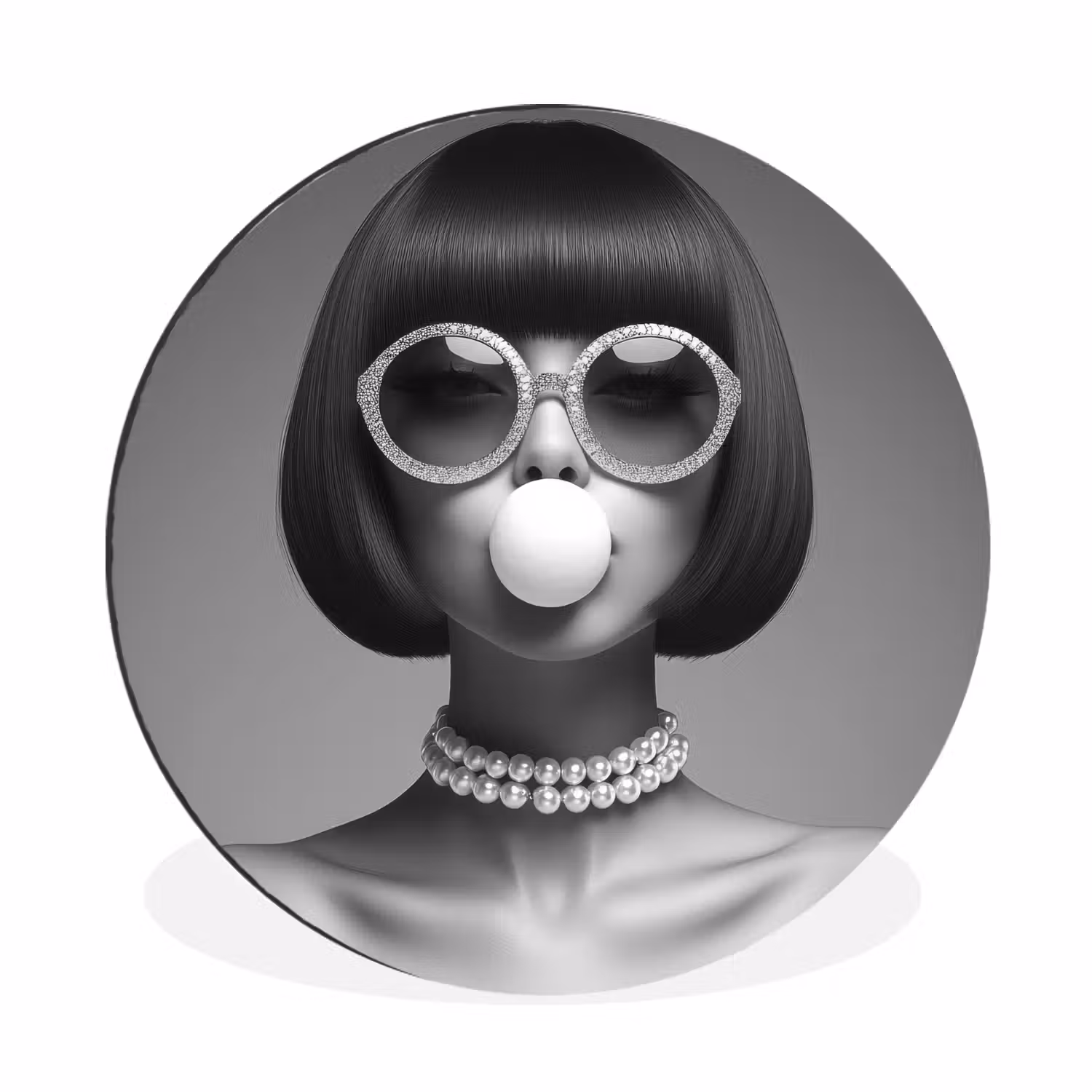 Alu-Dibond-Bild Rund - Frau - Schwarz und weiß - Halskette - Sonnenbrille