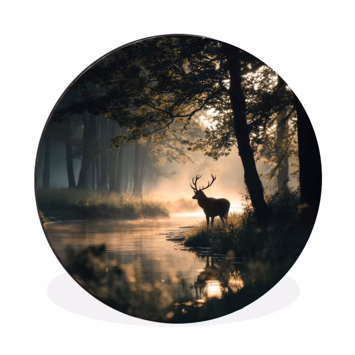 Alu-Dibond-Bild Rund - Hirsche - Waldbach - Mystisch