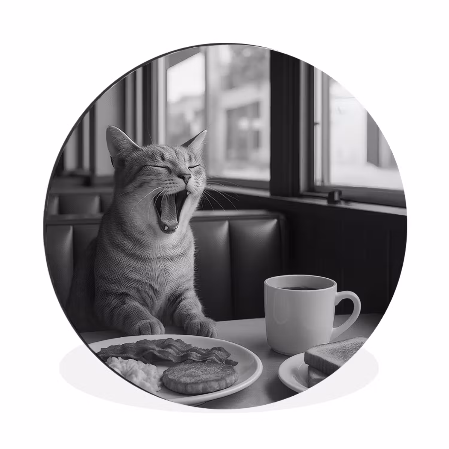 Alu-Dibond-Bild Rund - Katze - Kaffee - Brot - Schwarz