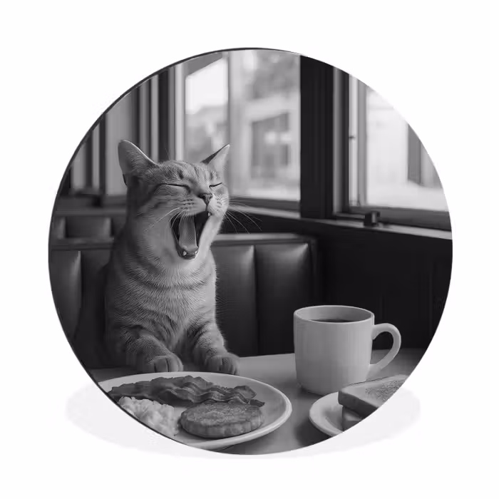 Alu-Dibond-Bild Rund - Katze - Kaffee - Brot - Schwarz