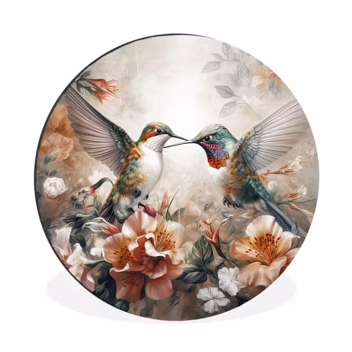 Alu-Dibond-Bild Rund - Kolibri - Vögel - Blumen - Natur
