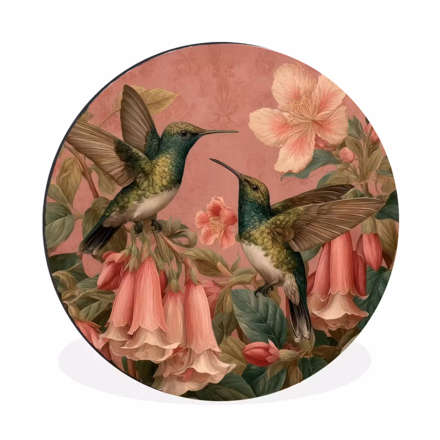 Alu-Dibond-Bild Rund - Kolibris - Blumen - Grün - Rosa