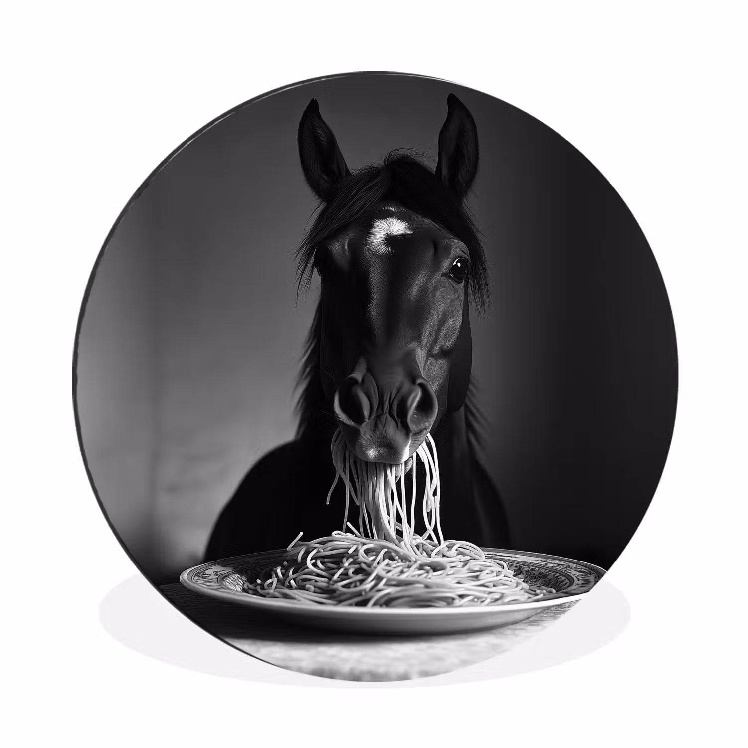 Alu-Dibond-Bild Rund - Pferd - Teller - Pasta - Tischtuch - Schwarz und weiß - Tiere