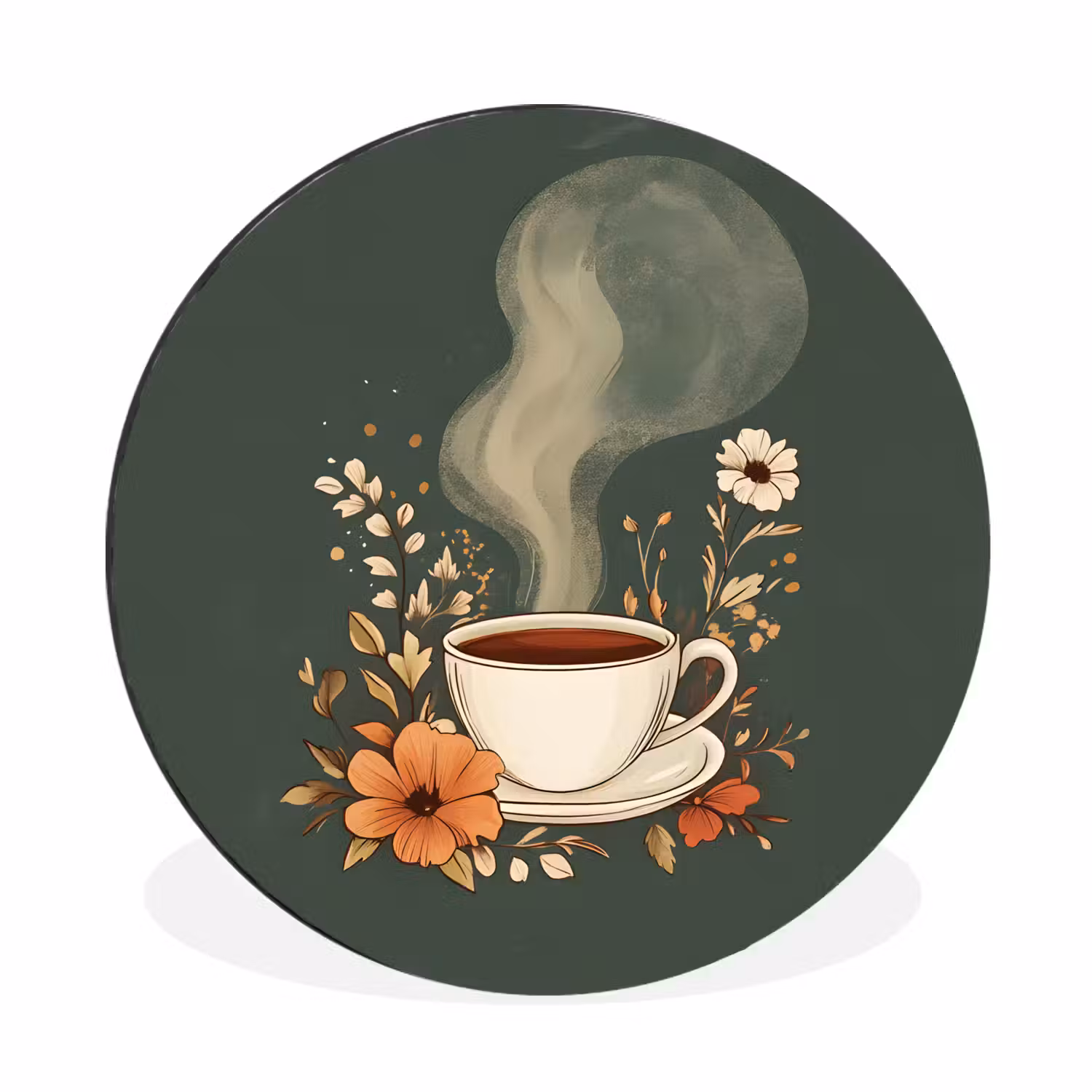 Alu-Dibond-Bild Rund - Tasse - Blumen - Grün - Kaffee