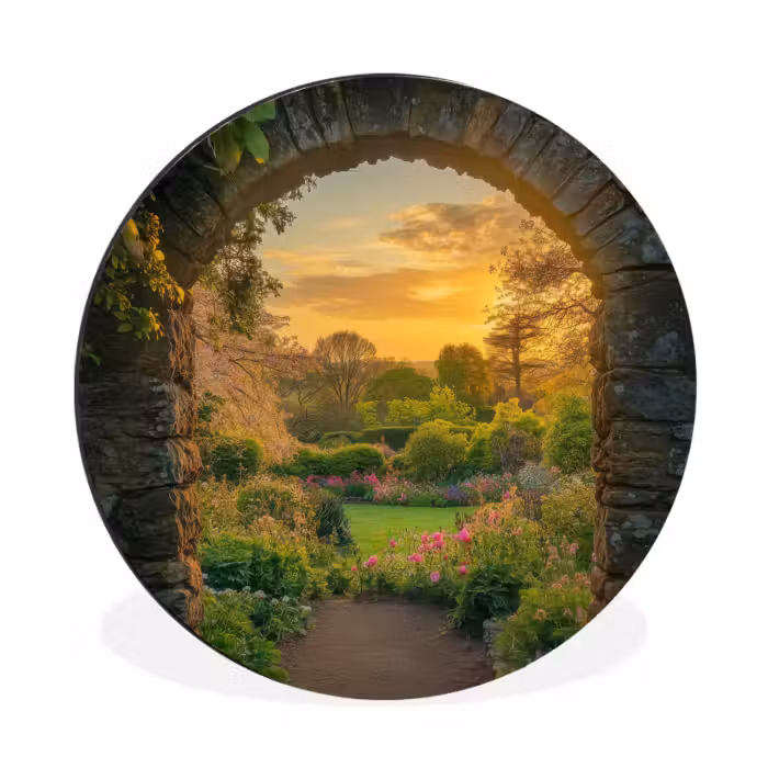 Alu-Dibond-Bild Rund - Tor - Pflanzen - Sonnenuntergang