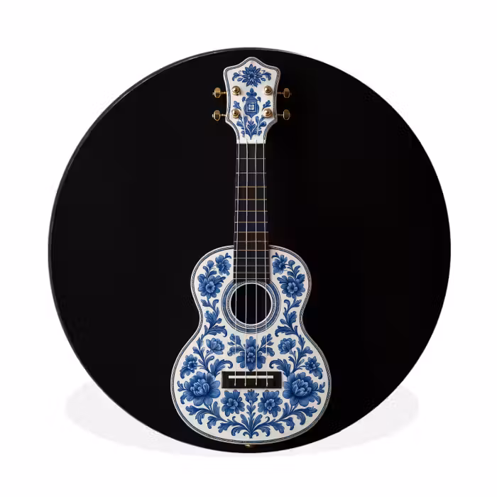 Alu-Dibond-Bild Rund - Ukulele - Delft - Blau - Musik