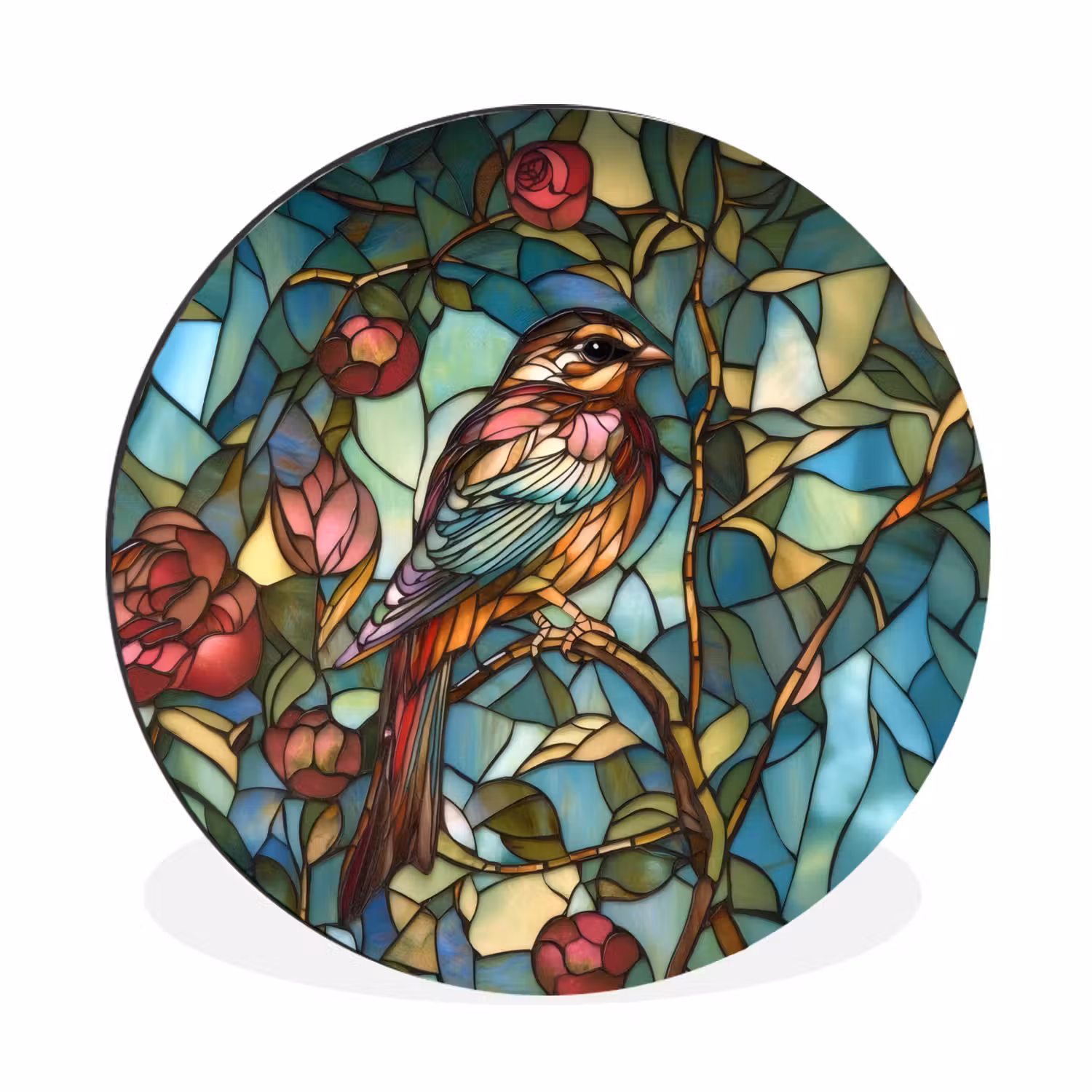 Alu-Dibond-Bild Rund - Vogel - Zweig - Rosen - Mosaik