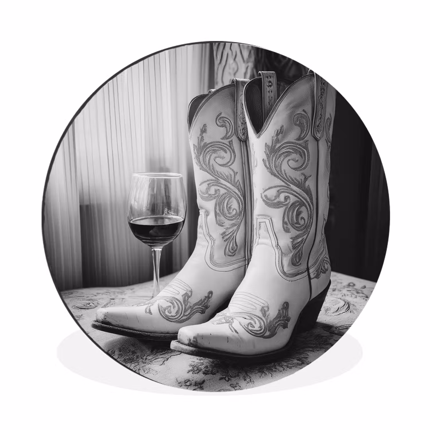 Alu-Dibond-Bild Rund - Wein - Cowboystiefel - Fensterlicht - Weiß