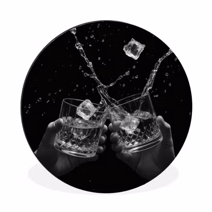 Alu-Dibond-Bild Rund - Whiskygläser - Eis - Spritzer - Schwarz