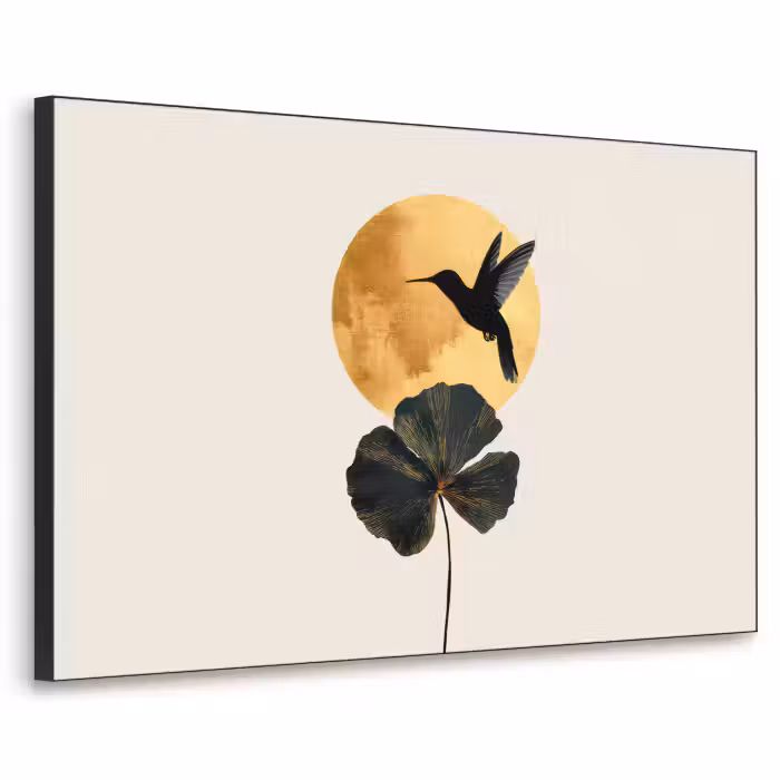 Art Frame - Schwarzer Kolibri - Blume - Goldener Kreis
