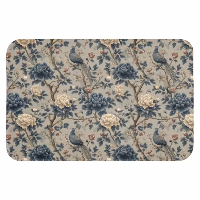 Badematte - Pfau - Blumen - Blau