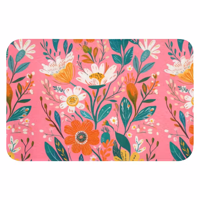 Badematte - Rosa - Blumen - Weiß - Orange