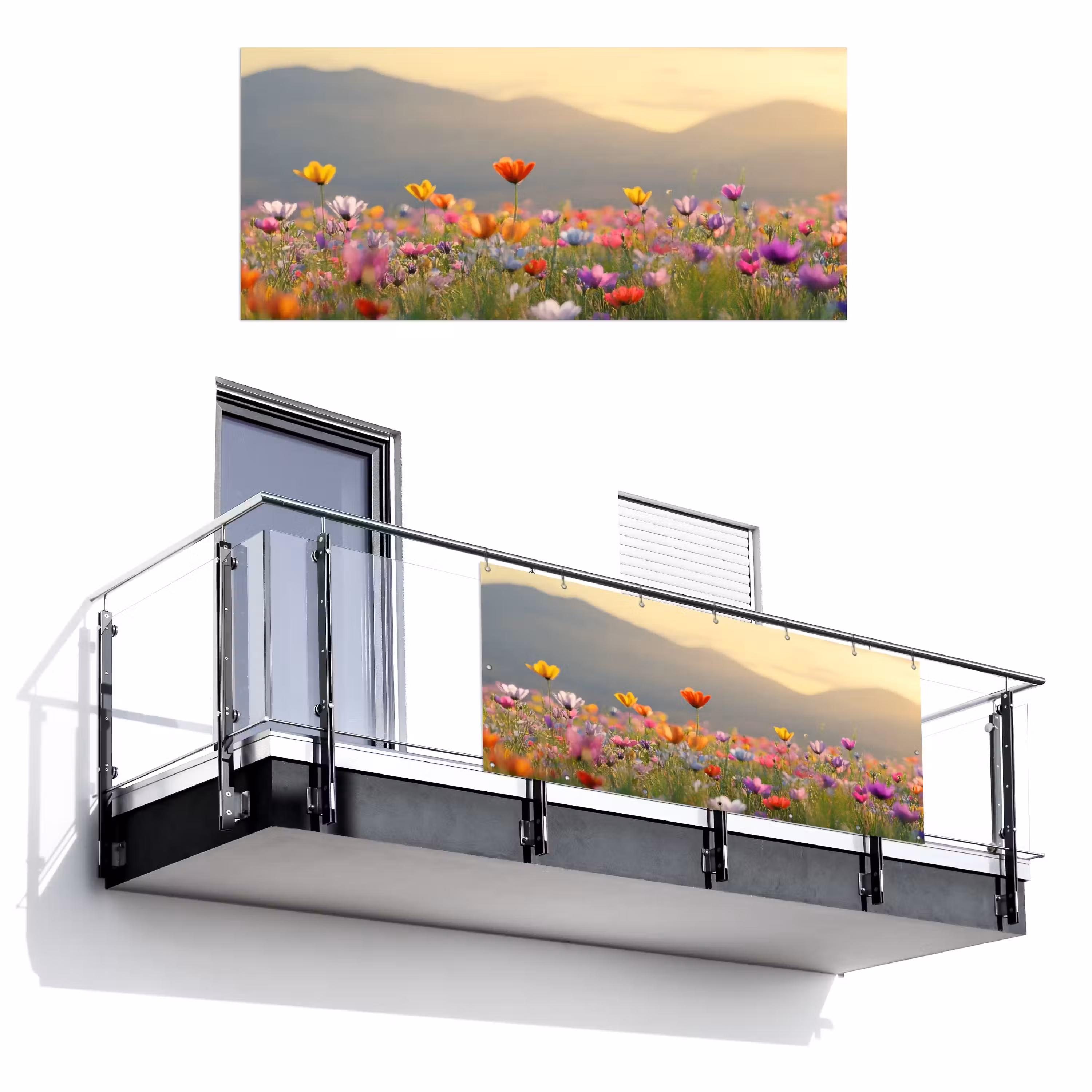 Balkonsichtschutz - Blumenfeld - Berge - Sonnenlicht - Blumen