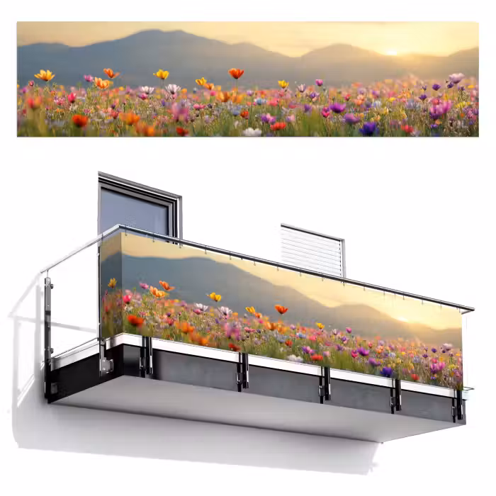 Balkonsichtschutz - Blumenfeld - Berge - Sonnenlicht - Blumen