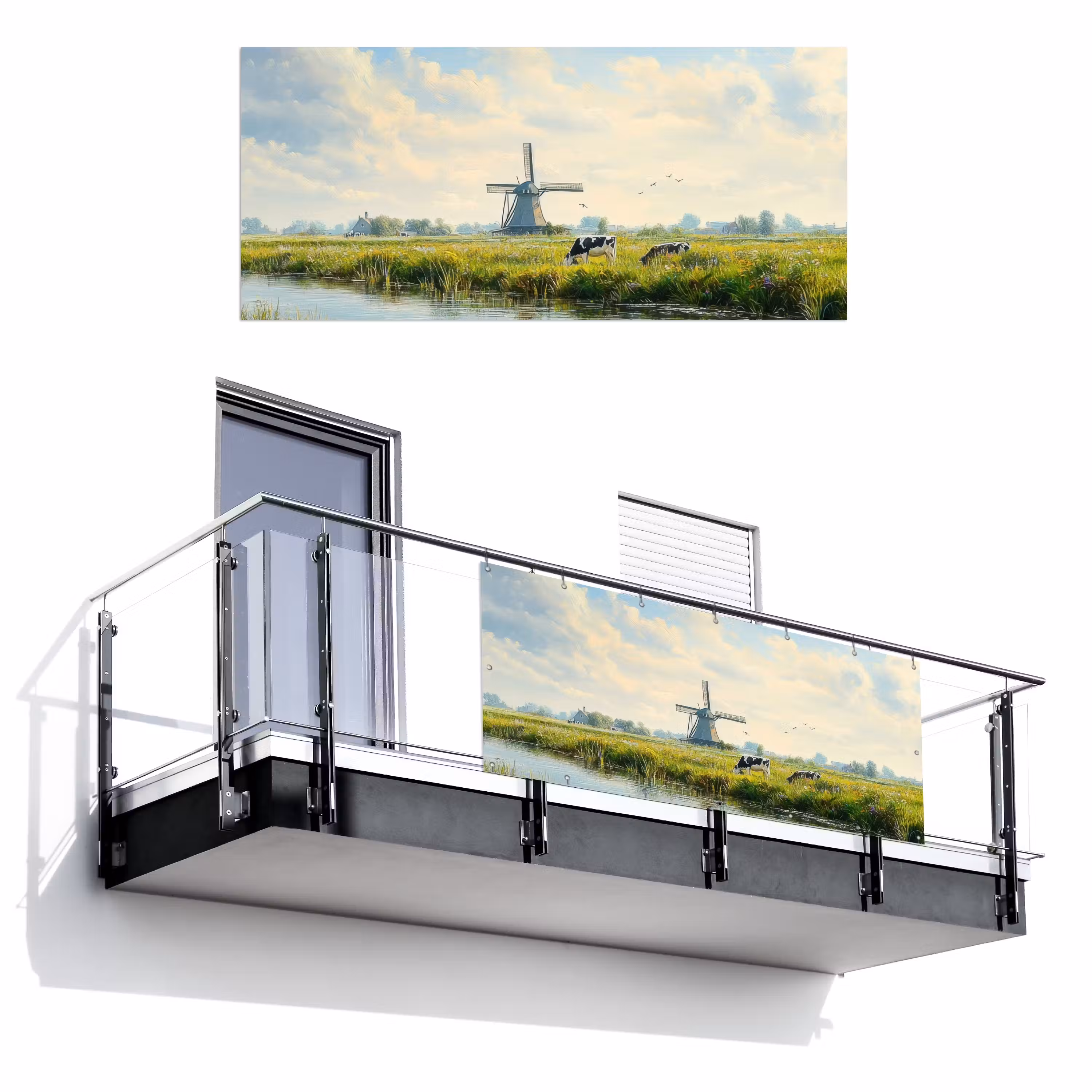 Balkonsichtschutz - Kühe - Windmühle - Wiese - Blau