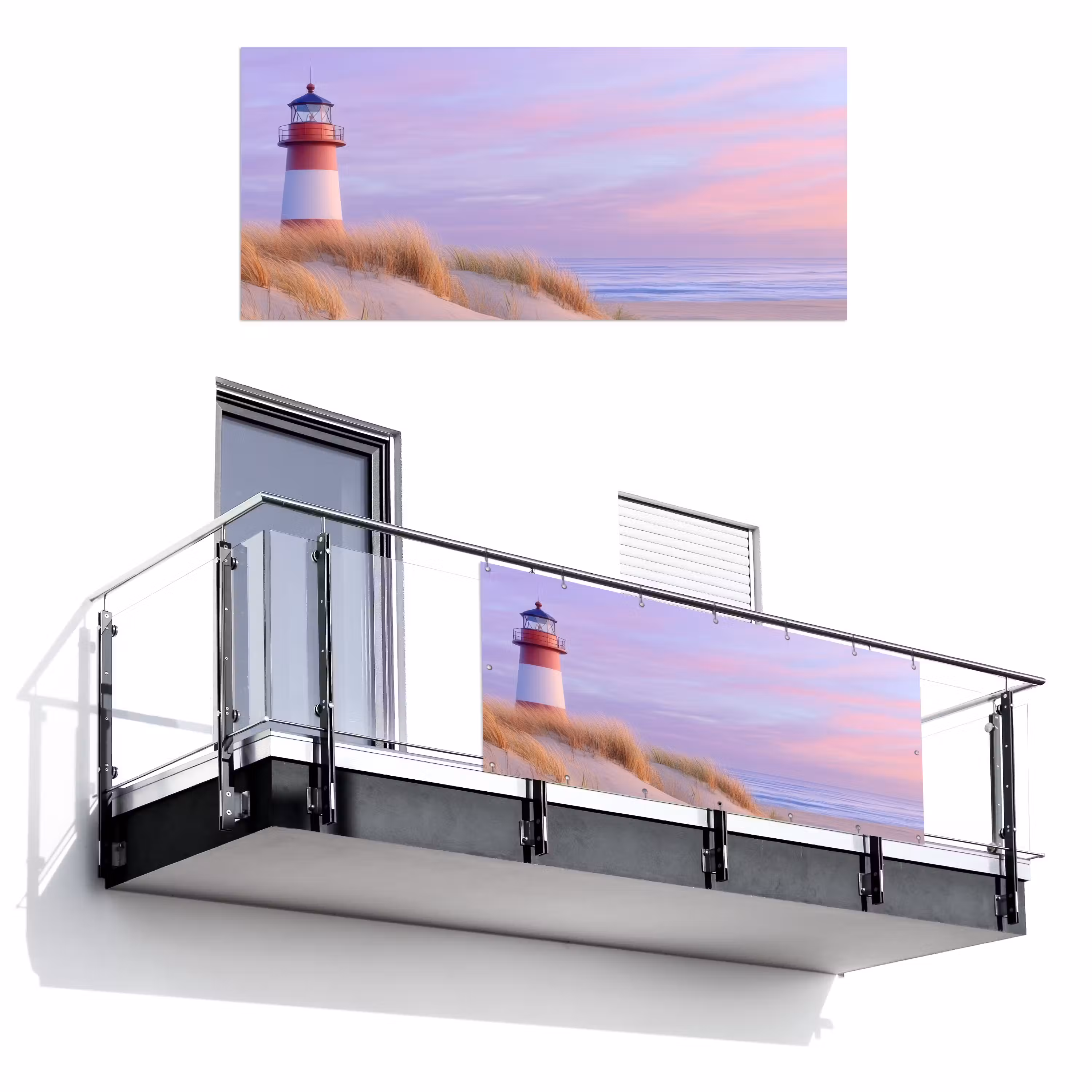 Balkonsichtschutz - Leuchtturm - Dünen - Sonnenuntergang