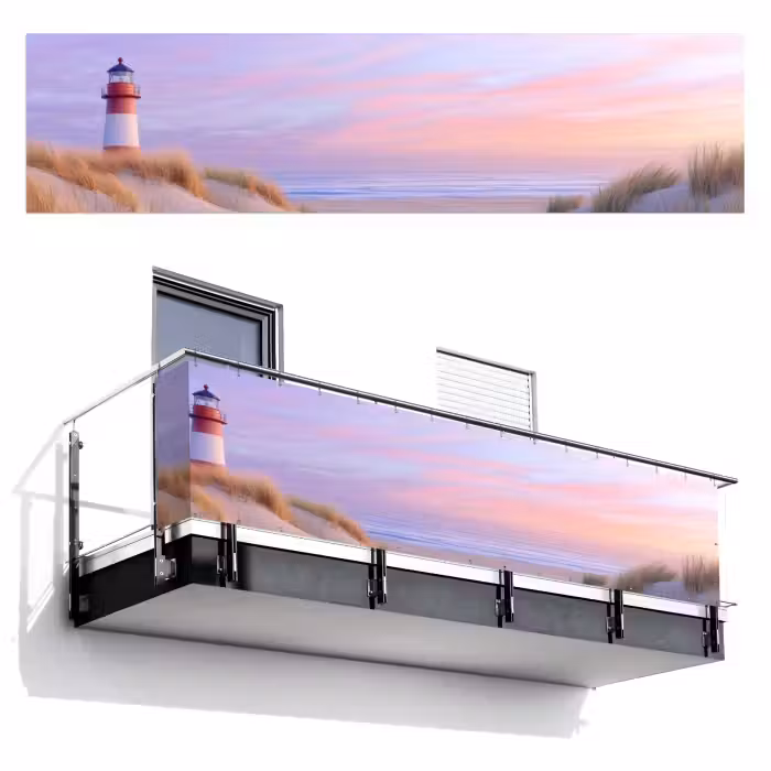 Balkonsichtschutz - Leuchtturm - Dünen - Sonnenuntergang