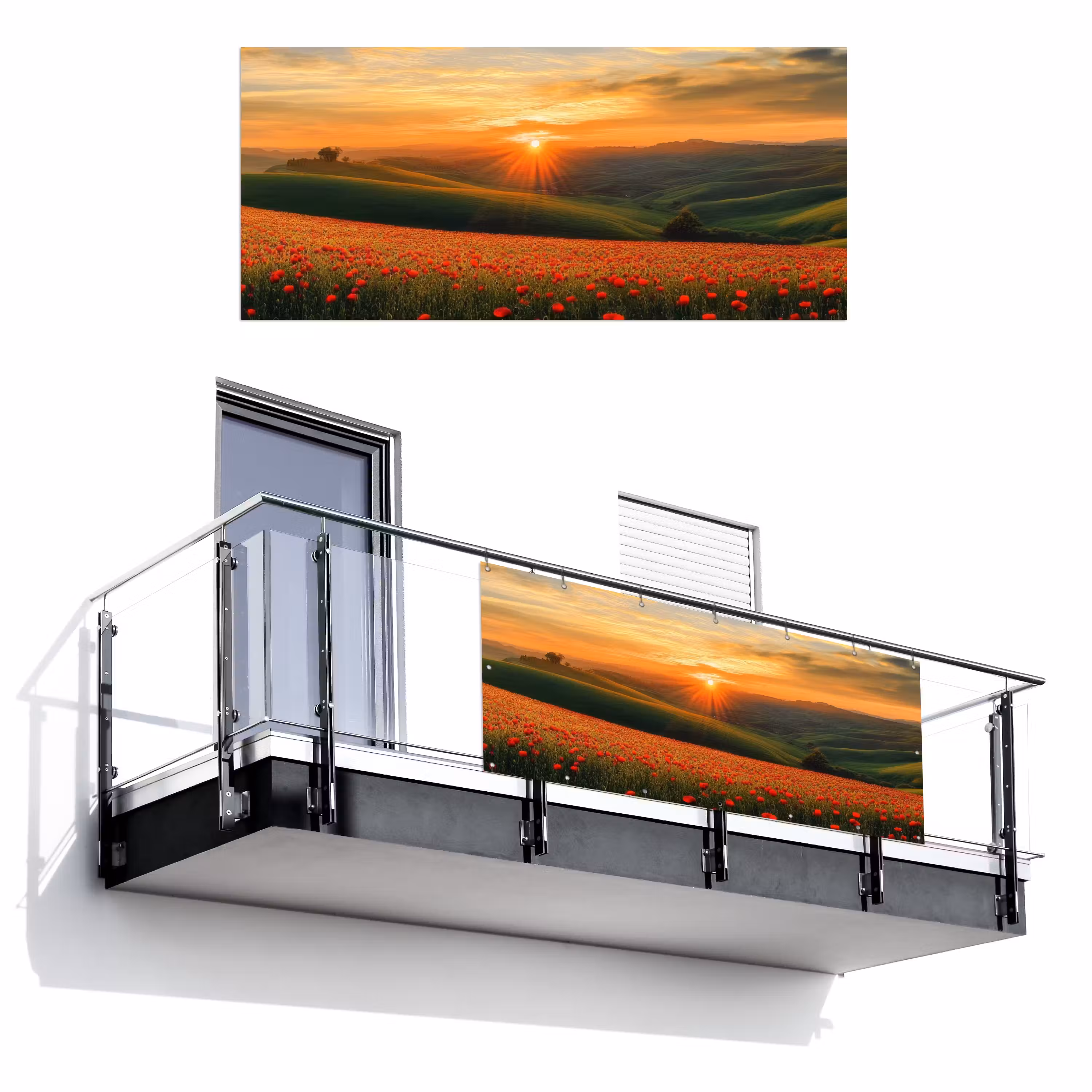 Balkonsichtschutz - Mohnblumen - Blumen - Hügel - Sonnenuntergang