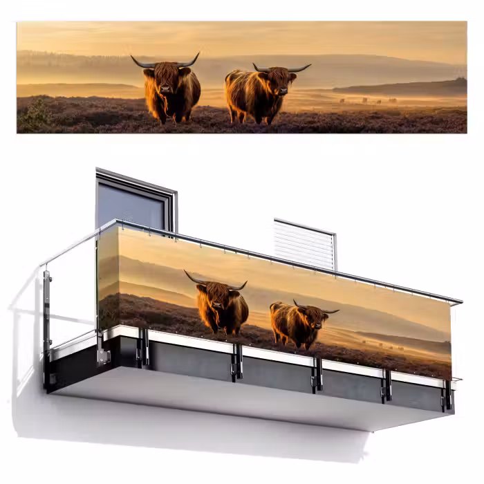 Balkonsichtschutz - Schottische Hochlandbewohner - Heide - Landschaft - Tiere