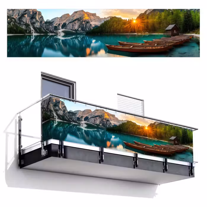 Balkonsichtschutz - See - Berge - Sonnenuntergang - Boot