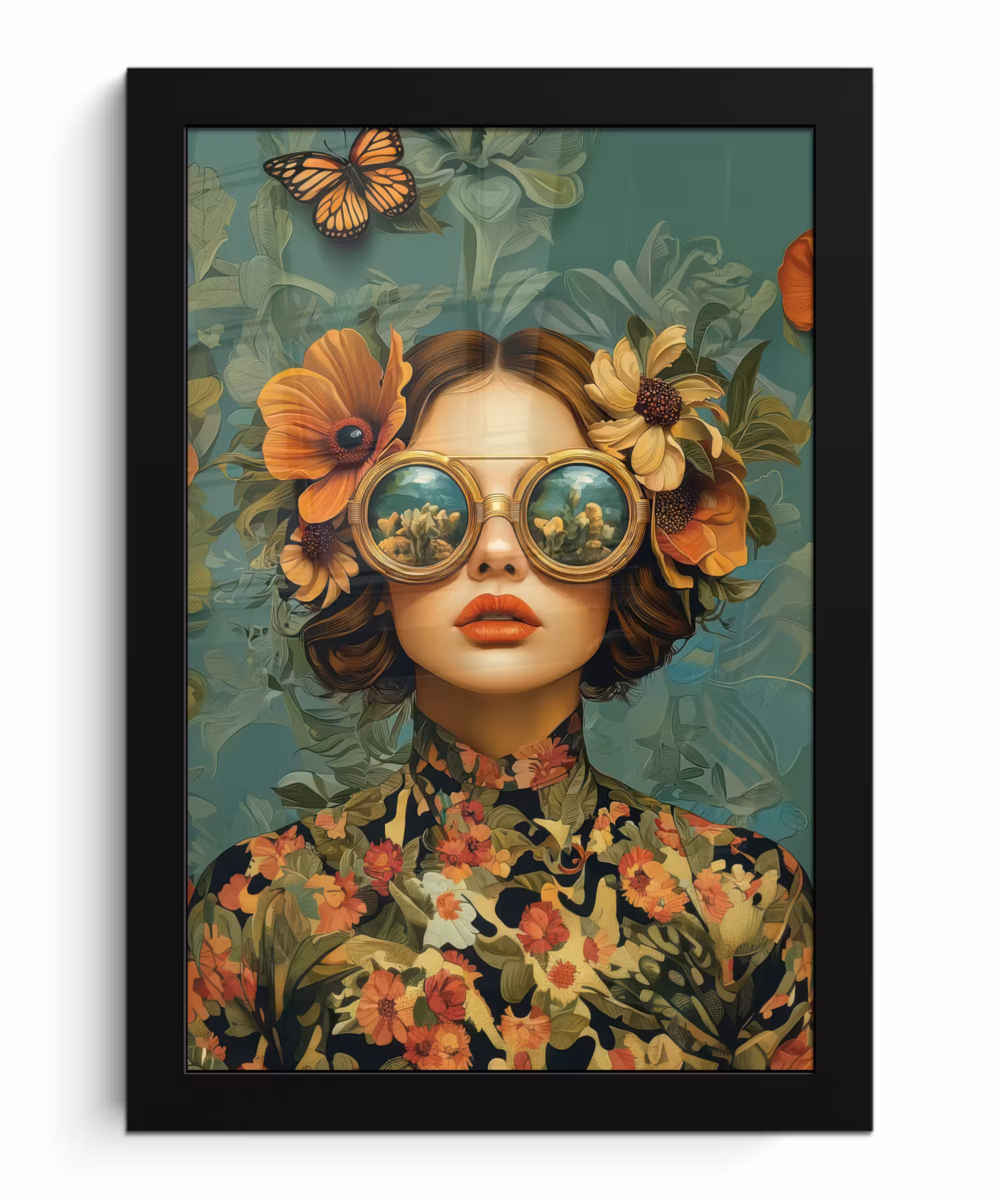 Bilder mit Rahmen - Frau - Blumen - Schmetterlinge - Natur - Vintage