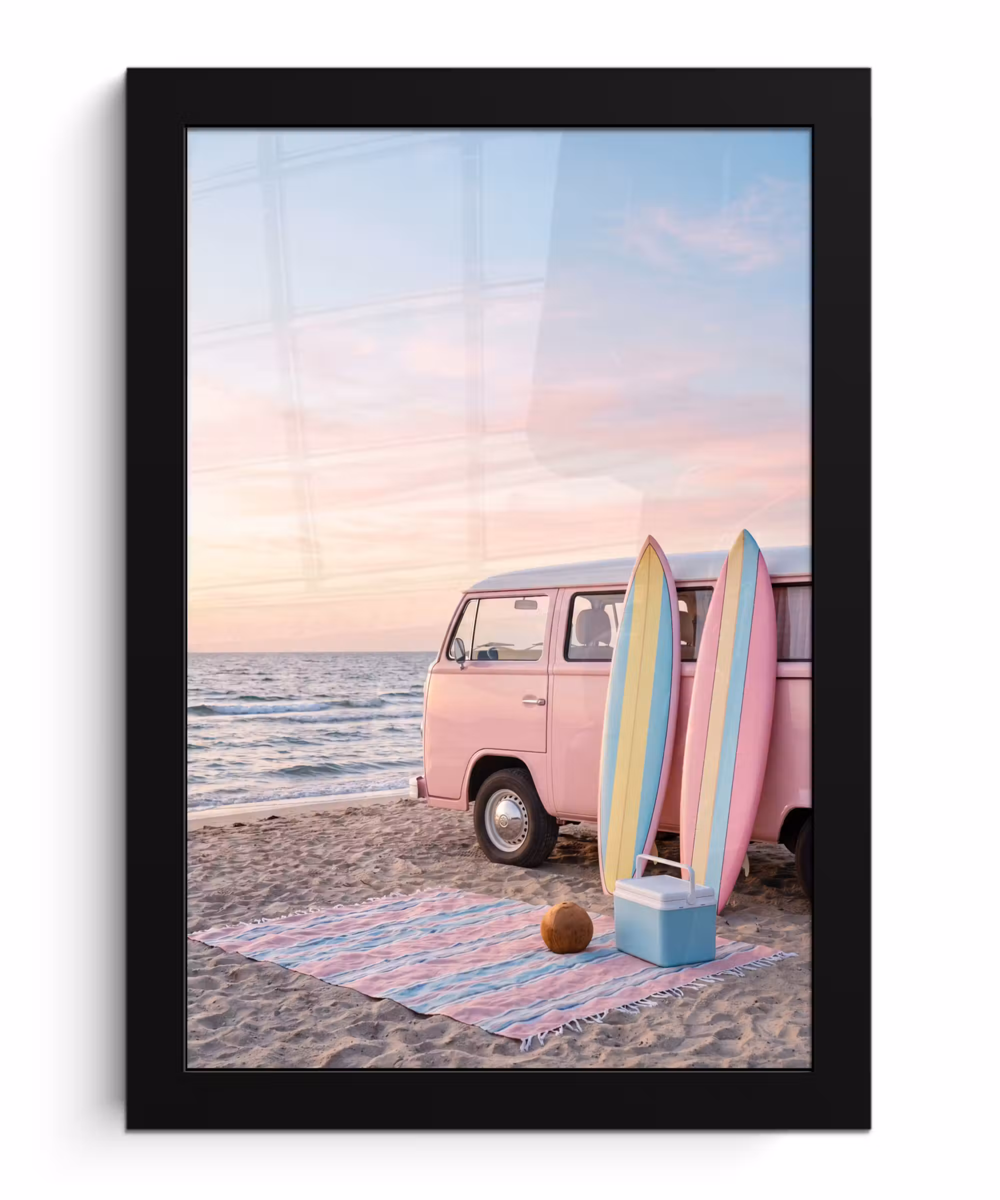 Bilder mit Rahmen - Kleinbus – Strand – Surfbrett – Sommer – Rosa