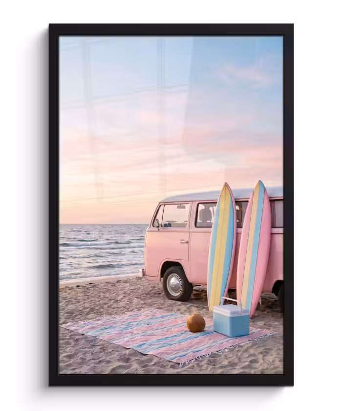 Bilder mit Rahmen - Kleinbus – Strand – Surfbrett – Sommer – Rosa
