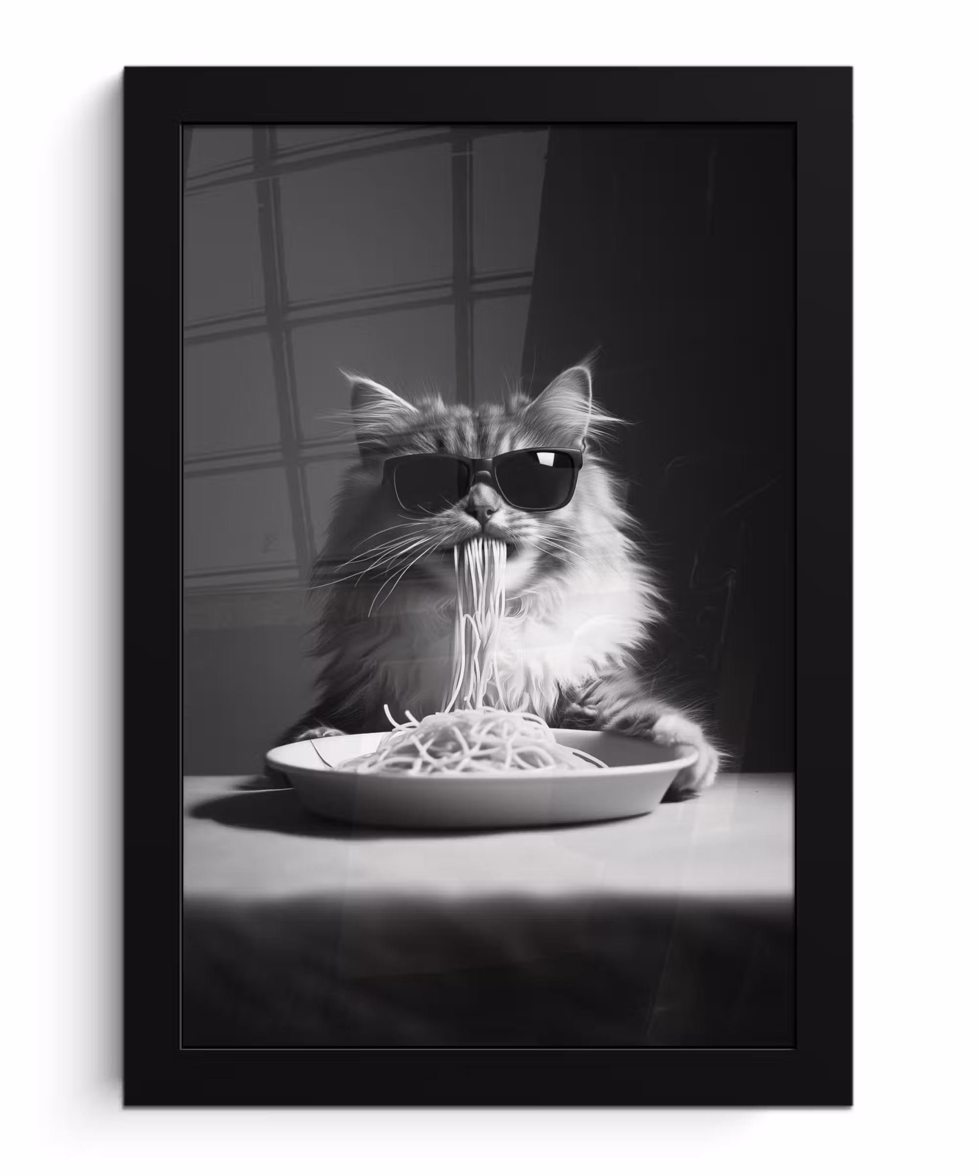Bilder mit Rahmen - Langhaarkatze - Sonnenbrille - Spaghetti - Humor - Schwarz - Weiß
