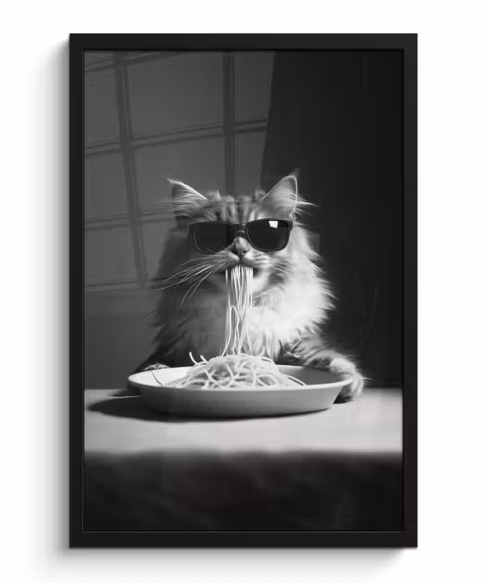 Bilder mit Rahmen - Langhaarkatze - Sonnenbrille - Spaghetti - Humor - Schwarz - Weiß
