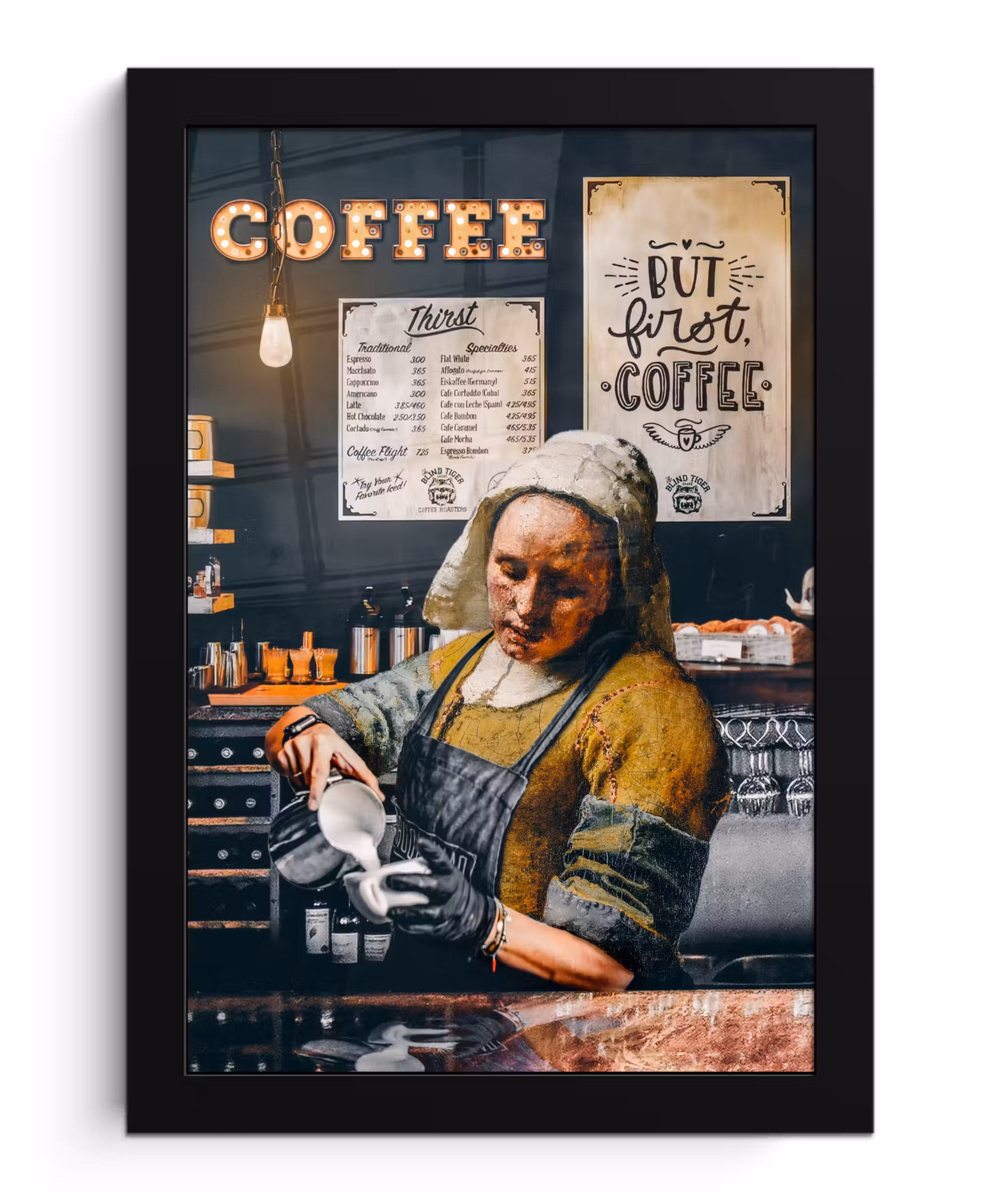 Bilder mit Rahmen - Milchmädchen - Barista - Kaffee - Vintage - Kunst - Abstrakt - Malerei - Alte Meister