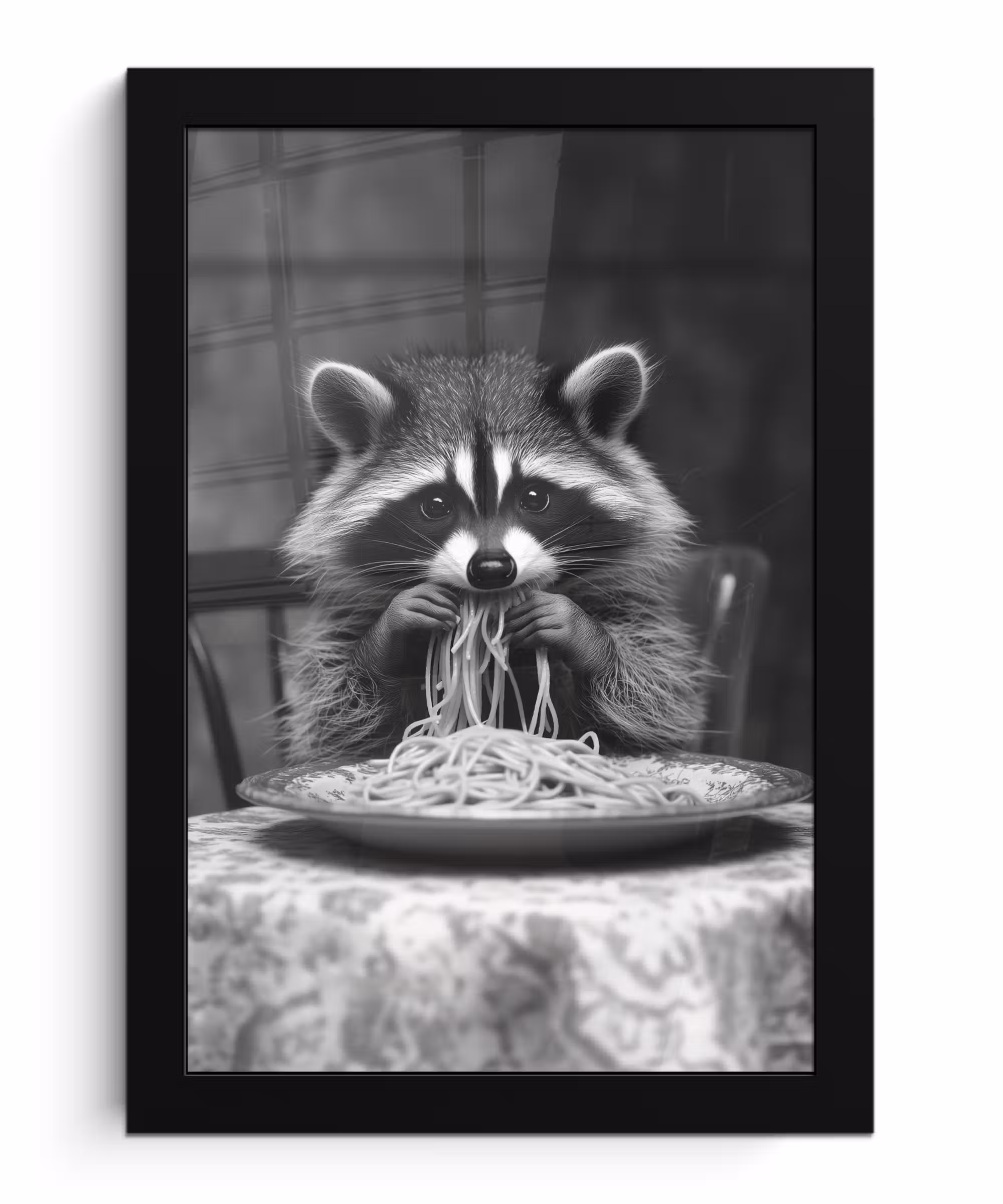 Bilder mit Rahmen - Waschbär - Niedlich - Pasta - Tischtuch - Schwarz - Weiß
