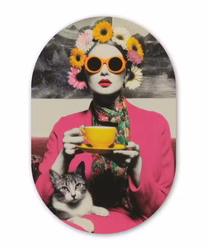Forexbild Oval - Frau - Katze - Blumen - Tasse - Retro
