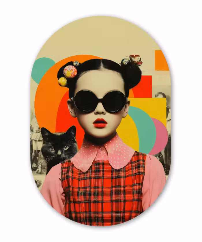 Forexbild Oval - Mädchen - Sonnenbrille - Katze - Retro