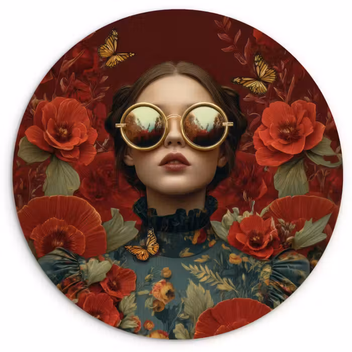 Forexbild Rund - Blumen - Tiefrot - Sonnenbrille - Frau