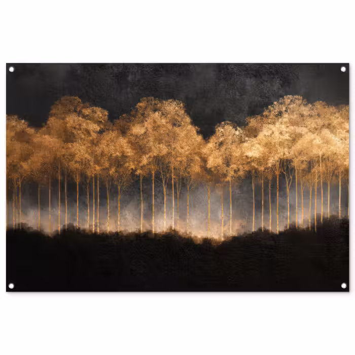 Gartenposter - Goldene Bäume in nebliger Landschaft