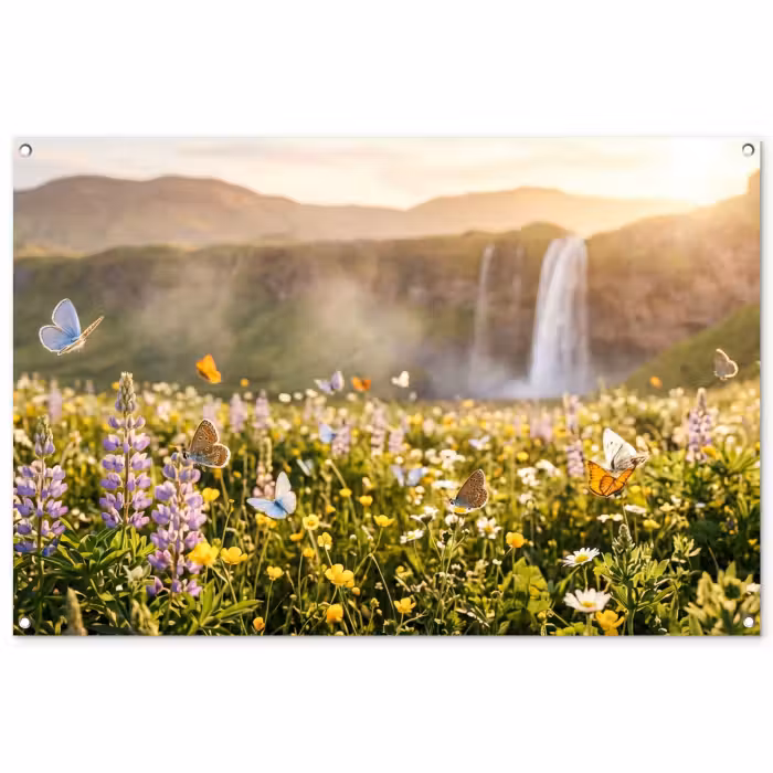 Gartenposter - Schmetterlinge - Wasserfall - Blumenfeld