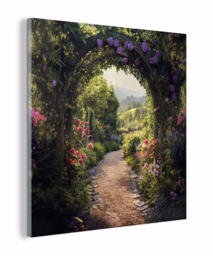Glasbild - Ausblick - Landschaft - Blumen - Gartenbogen - Natur