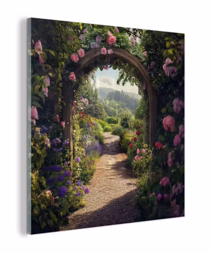 Glasbild - Ausblick - Landschaft - Blumen - Rosenbogen - Natur