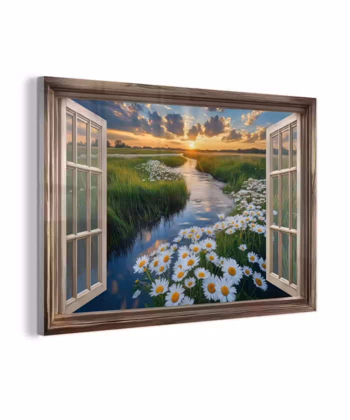 Glasbild - Aussicht - Landschaft - Fenster - Wasser - Sonnenuntergang
