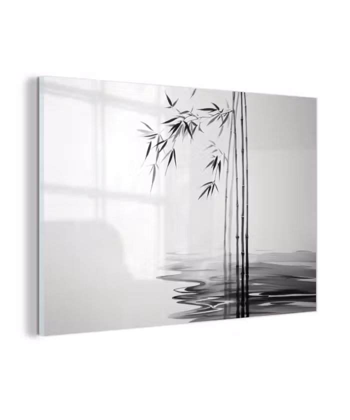 Glasbild - Bambusstämme - Wasser - Minimalistisch - Weiß