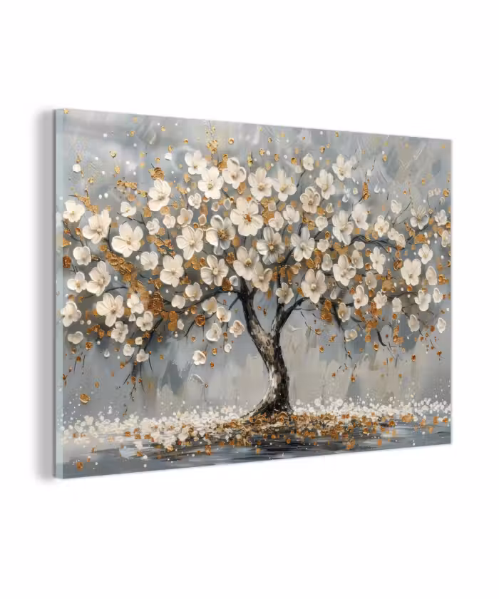 Glasbild - Baum - Blumen - Weiß - Natur - Kunst