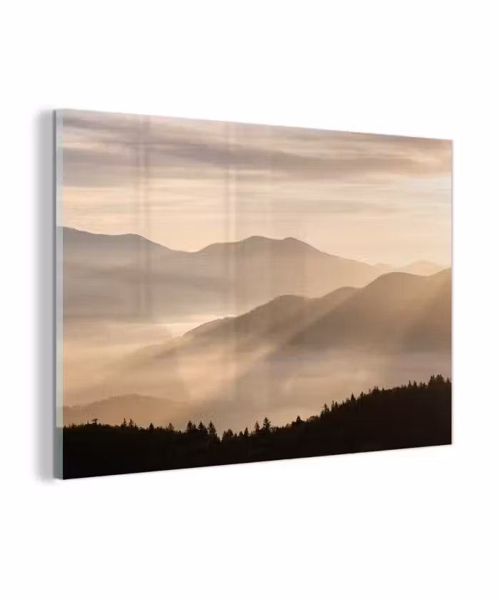 Glasbild - Berge - Nebel - Sonnenstrahlen