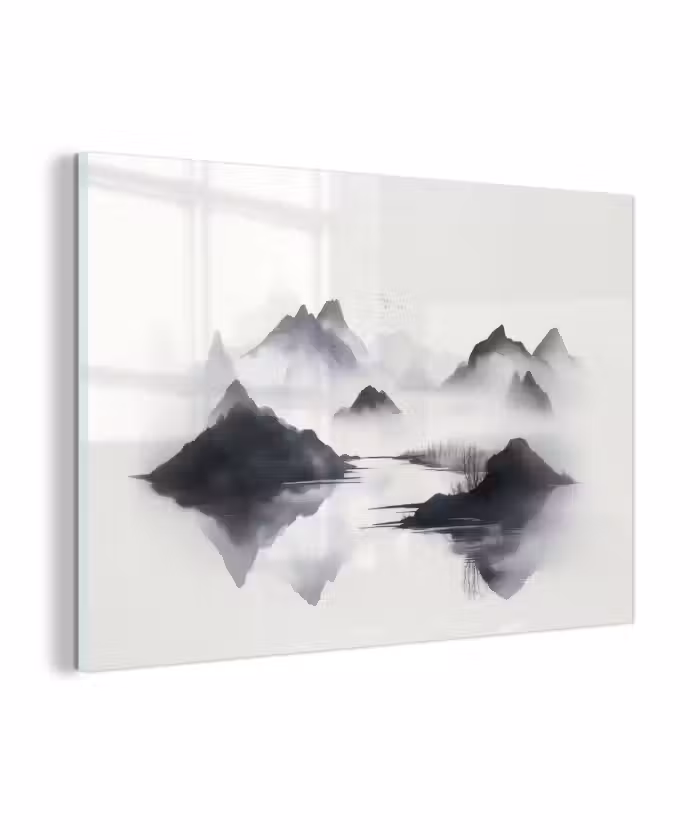Glasbild - Berge - Neblig - Wasser - Weiß