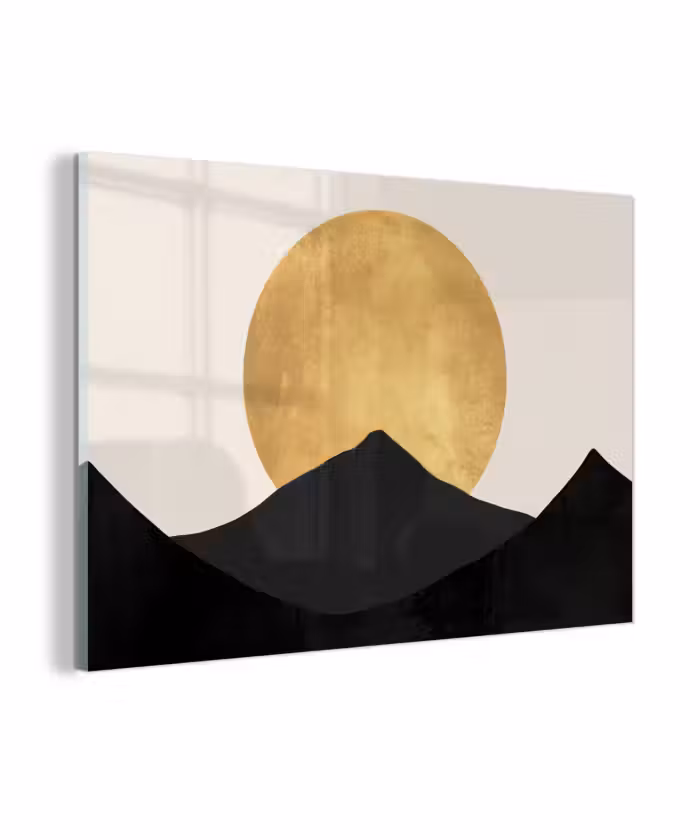 Glasbild - Bergsilhouetten - Goldener Kreis - Beige