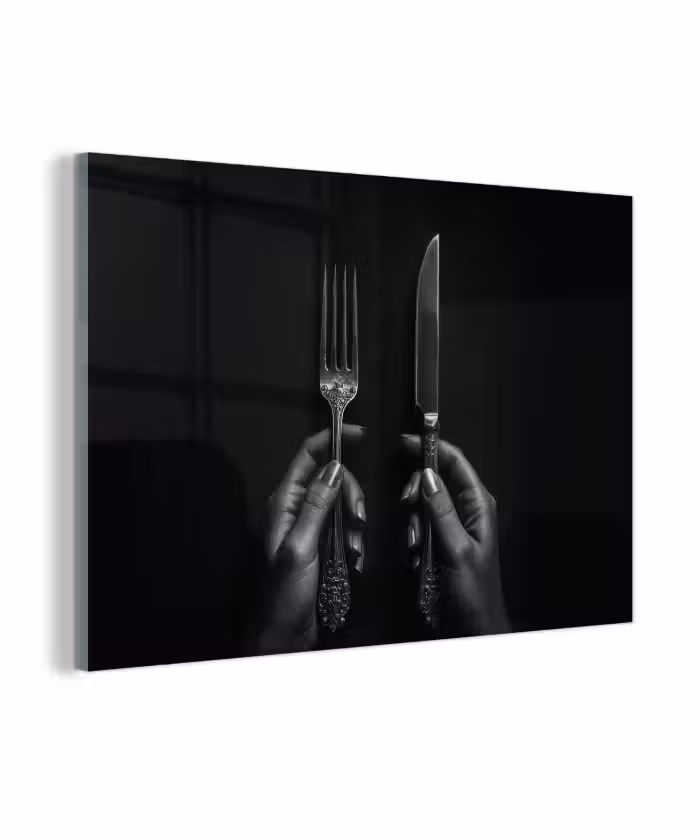 Glasbild - Besteck - Schwarz - Weiß